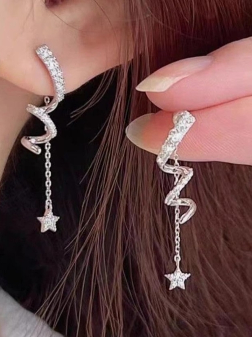 Silver Rhinestone Spiral Ear Cuffs with Star Dangle Feature Fairycore